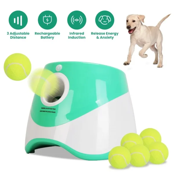 Automatic Dog Ball Launcher Fetch Machine Included 6 Tennis Balls With 3 Adjustable Launch Distances