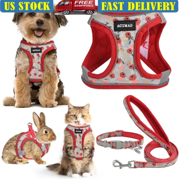 Adjustable Reflective No Pull Mesh Small Dog Harness Collar Leash Set with ID Tag.