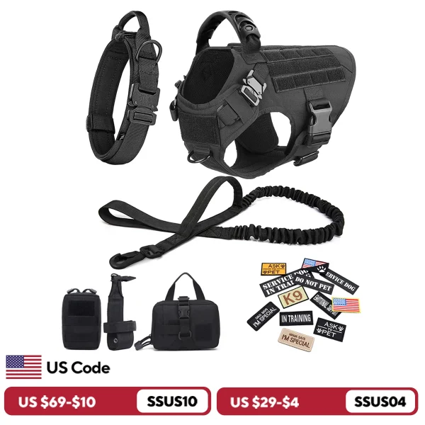 Military Tactical Large Dog Training Vests Harness Collar Leash Bags Patches Set Accessories