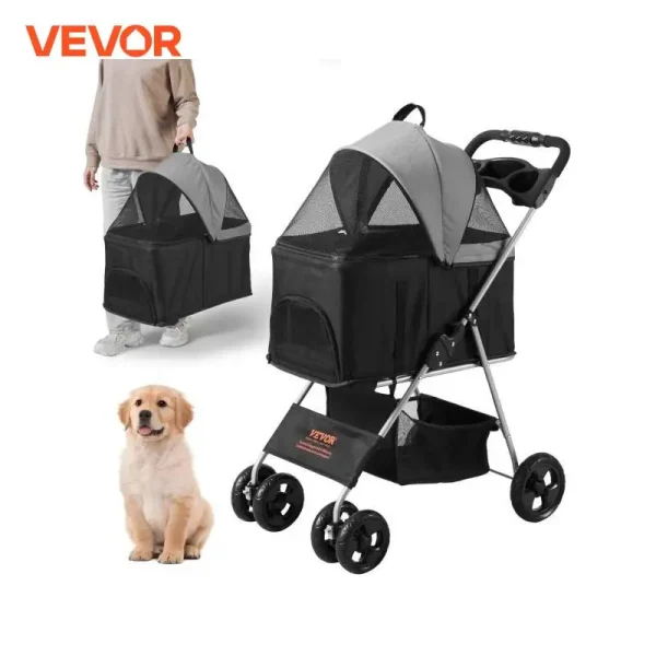 Pet Dog Stroller with Brakes Storage Basket Cup Holder